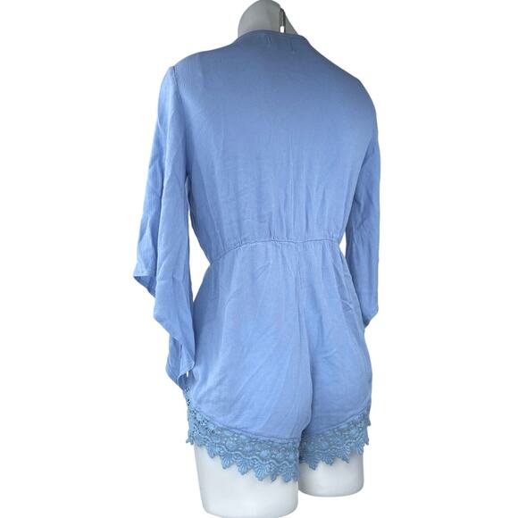 Kiss The Sky Blue Plunge V-Neck 3/4 Bell Sleeve Lace Crochet Jumpsuit Romper M - Picture 2 of 5